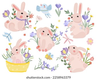 A collection of cute compositions with a rabbit sitting in a basket, spring flowers, a bird, butterflies and Easter eggs. Spring flowering. Vector graphics