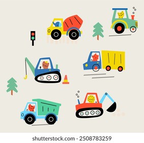 Coleção de veículos de construção bonitos. Crianças conjunto vetorial com trator, caminhão, betoneira, escavadora, desgaste de estrada e letras. Conjunto de carros em estilo escandinavo. Caçadores estilo Doodle.