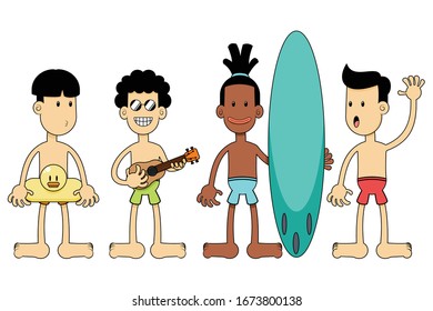 Collection of cute and cool character enjoying summer at the beach. Beach boy with duck buoy, beach boy playing ukulele, surfer, and happy beach boy in the swim suit.