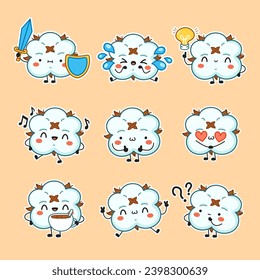 Collection of cute cotton characters with different actions.  Flat vector illustration design.