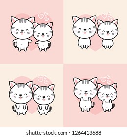 Collection of cute couple cartoon cats fall in love.Vector illustration.