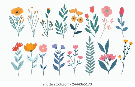 Collection of Cute, Crafted Flower Doodle Elements