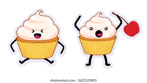 Collection of cute cupcake dessert characters with smiling faces in various poses, isolated on white background. Fun and sweet bakery mascots. Vector illustration.
