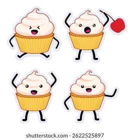 Colección de lindos personajes de postre cupcake con caras sonrientes en varias poses, aislados sobre fondo blanco. Divertidas y dulces mascotas de panadería. Ilustración vectorial.