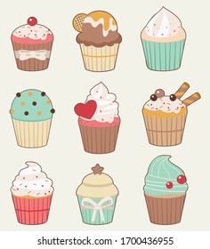 The collection of cute cupcake in many shape and many type in flat vector style. illustation of cupcake for graphic , banner, content , greeting card, etc.