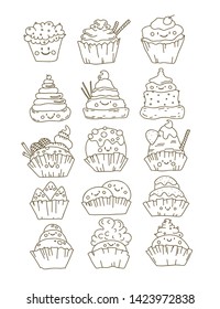 Collection of cute cupcakes with cute faces. Vector icons