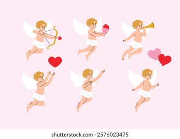 collection of cute cupid angel boy flying with his wing with shooting with bow and arrow, giving roses flower, playing trumpet, reaching heart, pointing hand, holding heart balloon illustration