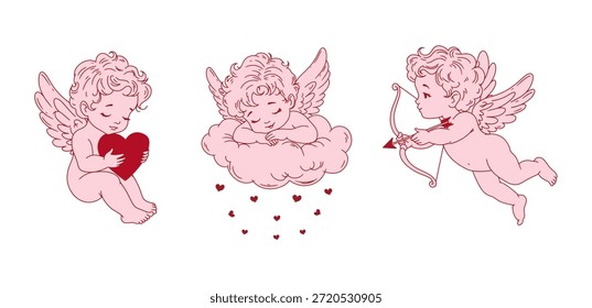 Coleção de anjos cupido bonito - dormindo em uma nuvem, com arco e flecha, sentado e segurando um coração vermelho. Personagens românticos do Dia dos Namorados. Ilustração linear de vetor plano.