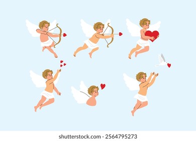 collection of cute cupid boy with bow and arrow, heart and dove