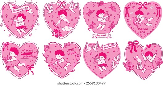 A collection of cute cupid-themed heart illustrations featuring love, doves, floral accents, and playful Valentine’s Day decorations.