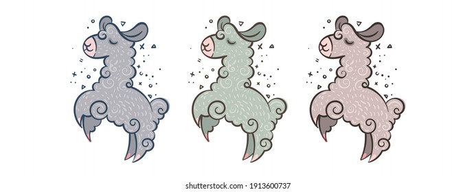 Collection of cute curly llamas in different colors with borders. Vector illustration for coloring pages, children prints and publications