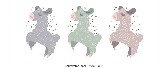 Collection of cute curly llamas in different colors. Vector illustration for coloring pages, children prints and publications