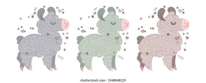 Collection of cute curly llamas in different colors. Vector illustration for coloring pages, children prints and publications