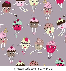 Collection of cute dancing muffins and cupcakes. Seamless pattern on violet background