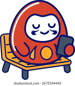 Colección de ilustraciones de personajes lindos de Daruma que muestran diferentes actividades diarias como dormir, beber, llevar cubo, trabajar, sudar, sostener rábano, usar el teléfono, bañarse y descansar