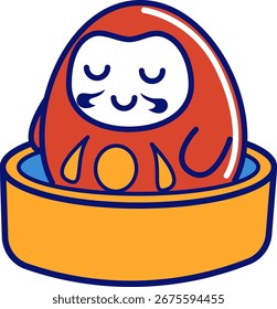 Collection of cute Daruma character illustrations showing different daily activities such as sleeping, drinking, carrying bucket, working, sweating, holding radish, using phone, bathing, and resting i
