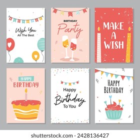 Collection of cute design cards beautiful happy birthday concept with cake design, balloons. Illustration of happy birthday on a gray background with the inscription birthday party.