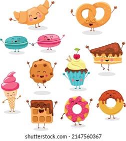 Collection Of Cute Dessert Characters - Macaron, Croissant, Pretzel, Doughnut, Ice Cream,Waffle, Cupcake,Chocolate Chip Cookie