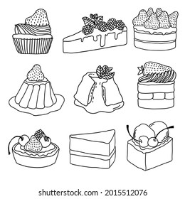 Collection of cute dessert set. Hand drawn vector illustration in doodle art style for sweet food concept