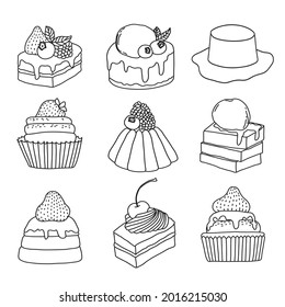 Collection of cute dessert set. Hand drawn vector illustration in doodle art style for sweet food concept
