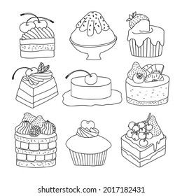 Collection of cute dessert set. Hand drawn vector illustration in doodle art style for sweet food concept