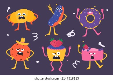 Collection of cute desserts. Croissant, eclair, donut, cheesecake, muffin. Desserts with different emotions. Vector illustration in cartoon style.