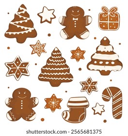 Collection of cute different Gingerbread. Vector illustration of Christmas cookies: xmas tree, ginger cake man, stars, gifts and socks. Sweets winter dessert.