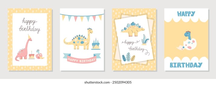 Collection of cute dinosaur cards. Happy Birthday cards and greetings. Hand drawn in pastel colors. Vector illustration.