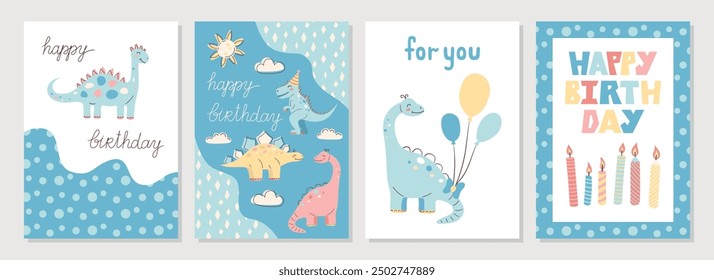 Collection of cute dinosaur cards. Happy Birthday cards and greetings. Hand drawn in pastel colors. Vector illustration.