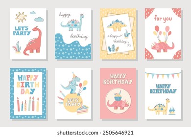 Collection of cute dinosaur cards. Happy Birthday cards and greetings. Hand drawn in pastel colors. Vector illustration.