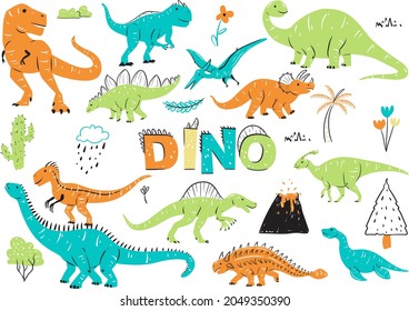 Collection of cute Dinosaurs characters. Allosaurus, Pterodactyl, Spinosaurus, Tyrannosaurus Rex, Velociraptor, Stegosaurus, Triceratop, Brontosaurus. Hand drawn flat and doodle style for design.