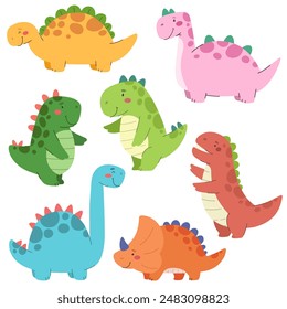 Colección de lindos dinosaurios en estilo de dibujos animados planos. Aislados de Vector de dinosaurio bebé.