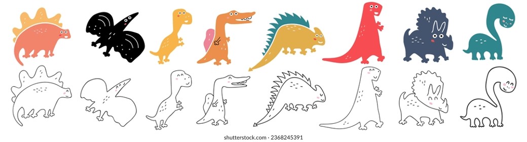 Collection of cute dinosaurs. Flat and outline design. Vector hand drawn illustrations for greeting card, t shirt, print, stickers, posters design.