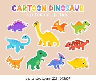 Collection of cute dinosaurs. Hand drawn cartoon brontosaurus, tyrannosaurus, pterodactyl, triceratops, stegosaurus, spinosaurus, plesiosaurus, ankylosaurus, velociraptor, parasaurolophus