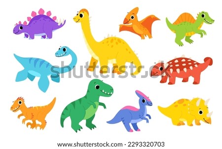 Collection of cute dinosaurs. Hand drawn cartoon brontosaurus, tyrannosaurus, pterodactyl, triceratops, stegosaurus, spinosaurus, plesiosaurus, ankylosaurus, velociraptor, parasaurolophus [[stock_photo]] © 