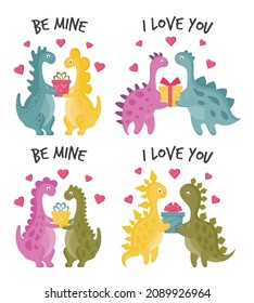 Collection of Cute dinosaurs in love. Couples of dinosaurs for Valentine's card. Romantic lovely dino boy and girl with gifts. Childish design for greeting card's, posters, mugs, clothes.