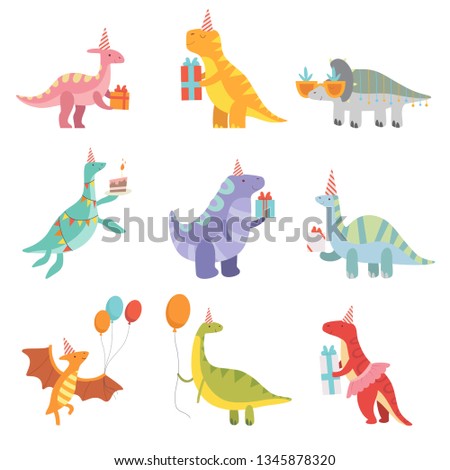 Collection of Cute Dinosaurs in Party Hats with Gift Boxes, Funny Blue Dino Characters, Happy Birthday Party Design Elements Vector Illustration