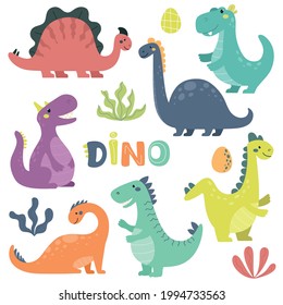 Colección de lindos dinosaurios al estilo escandinavo. Animales cortos, ilustraciones infantiles, impresos para ropa y artículos para niños. Aislamientos vectoriales.