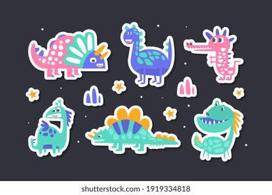 Collection of Cute Dinosaurs Stickers, Funny Colorful Prehistoric Creatures Patches Cartoon Style Vector Illustration