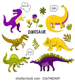 Collection of cute dinosaurs, tyrannosaurus, triceratops, velociraptor, diplodocus, spinosaurus, stegosaurus. Plants. Flat design. Isolated.