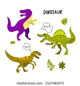 Collection of cute dinosaurs, tyrannosaurus, velociraptor, spinosaurus. Plants. Flat design. Isolated.