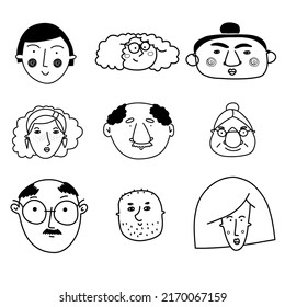 Collection of cute and diverse hand drawn faces in black and white. Doodle-style people icons for design, stickers, prints