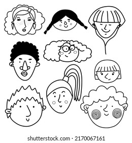 Collection of cute and diverse hand drawn faces in black and white. Doodle-style people icons for design, stickers, prints