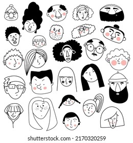 Collection of cute and diverse hand drawn faces with pink cheeks in black and white. Doodle-style people icons for design, stickers, prints