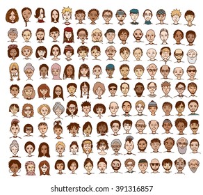 Collection of cute and diverse hand drawn faces