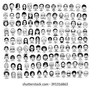Collection of cute and diverse hand drawn faces in black and white