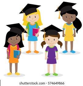 Collection of Cute and Diverse Vector Format Female Students or Graduates - Some of the Children and Kids have Backpacks, Books and Graduation Caps