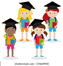 Collection of Cute and Diverse Vector Format Female Students or Graduates - Some of the Children and Kids have Backpacks, Books and Graduation Caps
