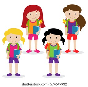 Collection of Cute and Diverse Vector Format Female Students or Graduates - Some of the Children and Kids have Backpacks, Books and Graduation Caps