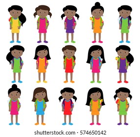 Collection of Cute and Diverse Vector Format Female Students or Graduates - Some of the Children and Kids have Backpacks, Books and Graduation Caps